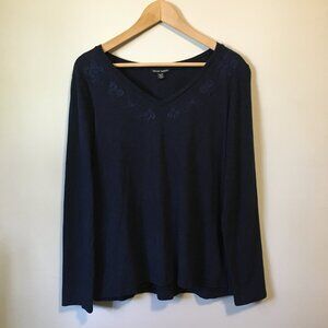 Cotton Modal Hilary Radley Soft Navy Blue With Floral Embroidered Collar